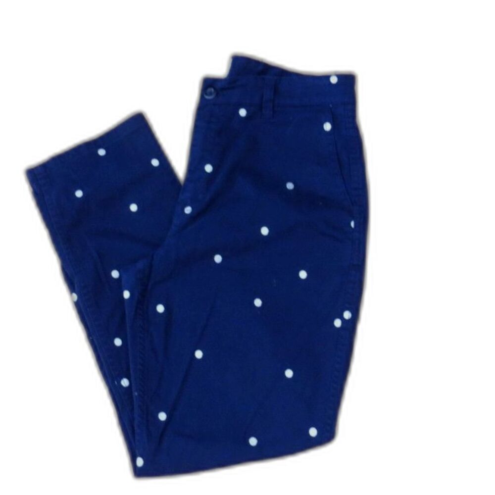 J. Crew Women's Vintage Straight Pant Polka Dot Stretch Chino Navy 28 EUC Preppy